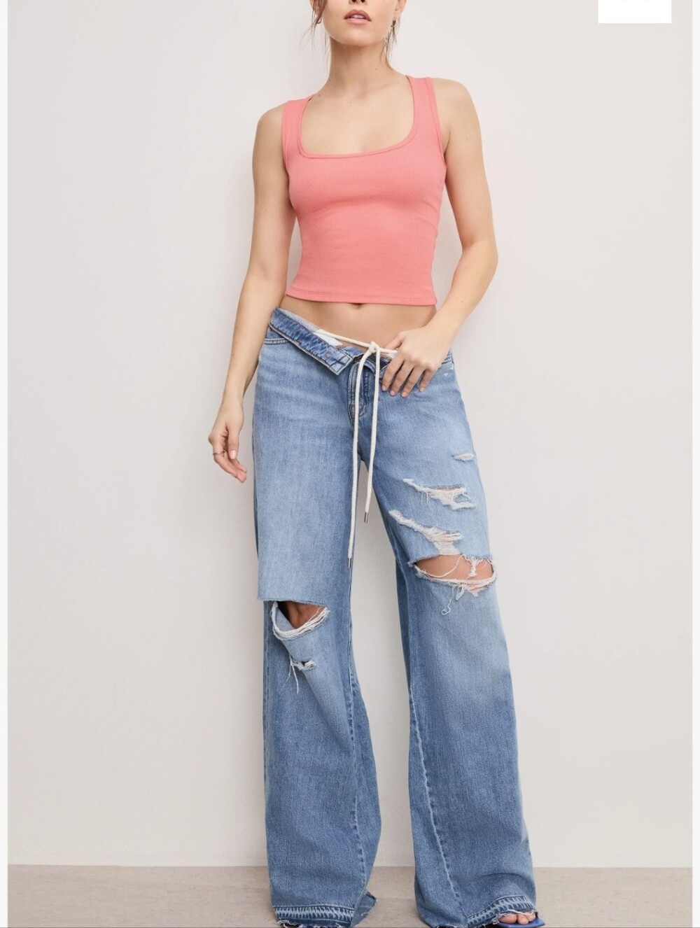 Good American Light Blue Distressed Wide-Leg Jeans